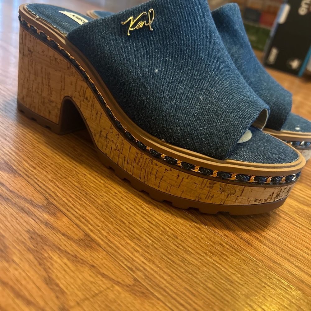 Karl Lagerfeld blue denim block mules